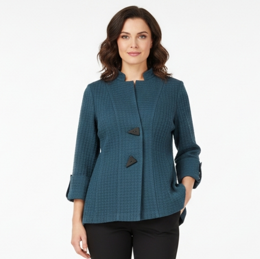 IC by Connie K Size Small Teal Green A-line Textured Knit Blazer Hi Low Hem - Picture 2 of 15